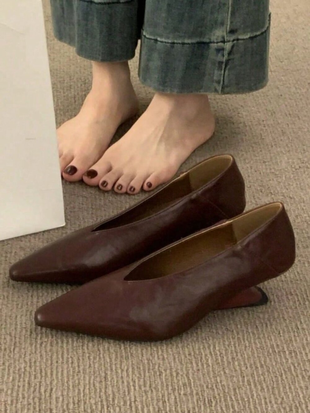 Burgundy Casual Women's Chunky Low Heel Pointed Toe Bow Slip On Court Pump
